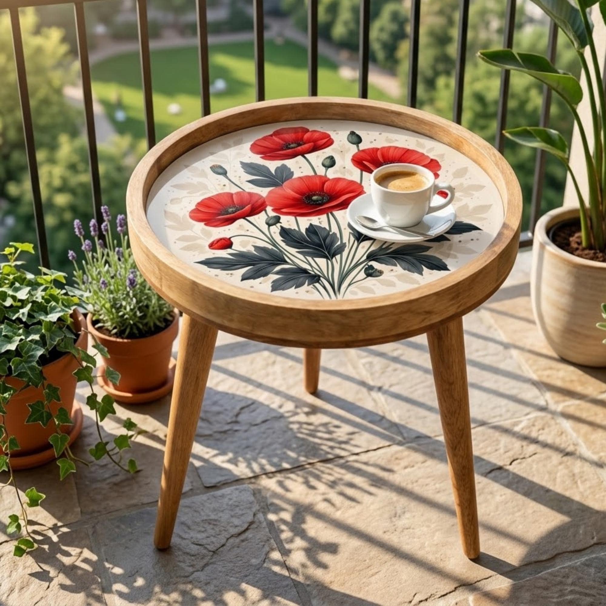 Handmade Poppy Floral Mango Wood Side Stand | Round Printed Accent Table | Boho Bedside Decor