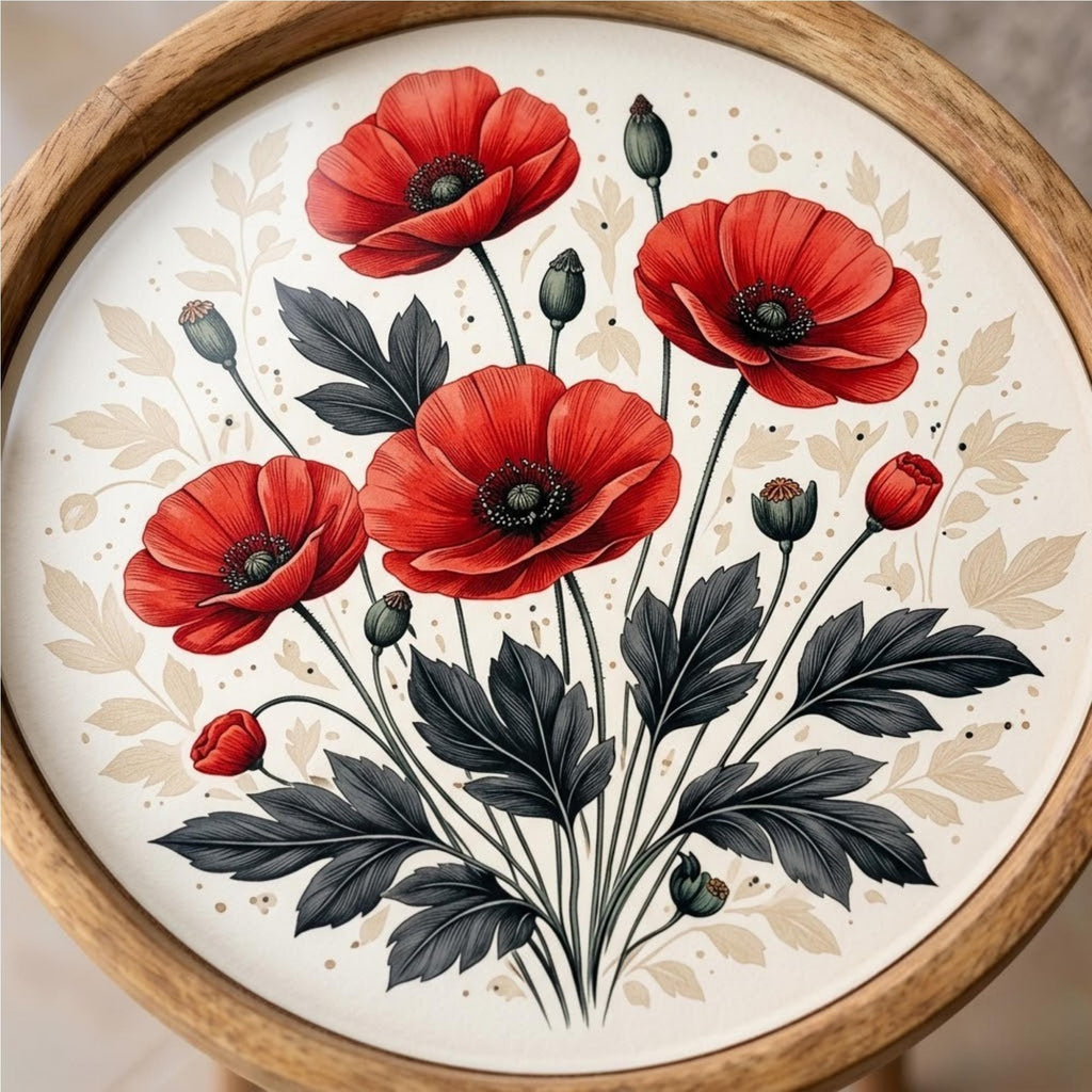 Handmade Poppy Floral Mango Wood Side Stand | Round Printed Accent Table | Boho Bedside Decor