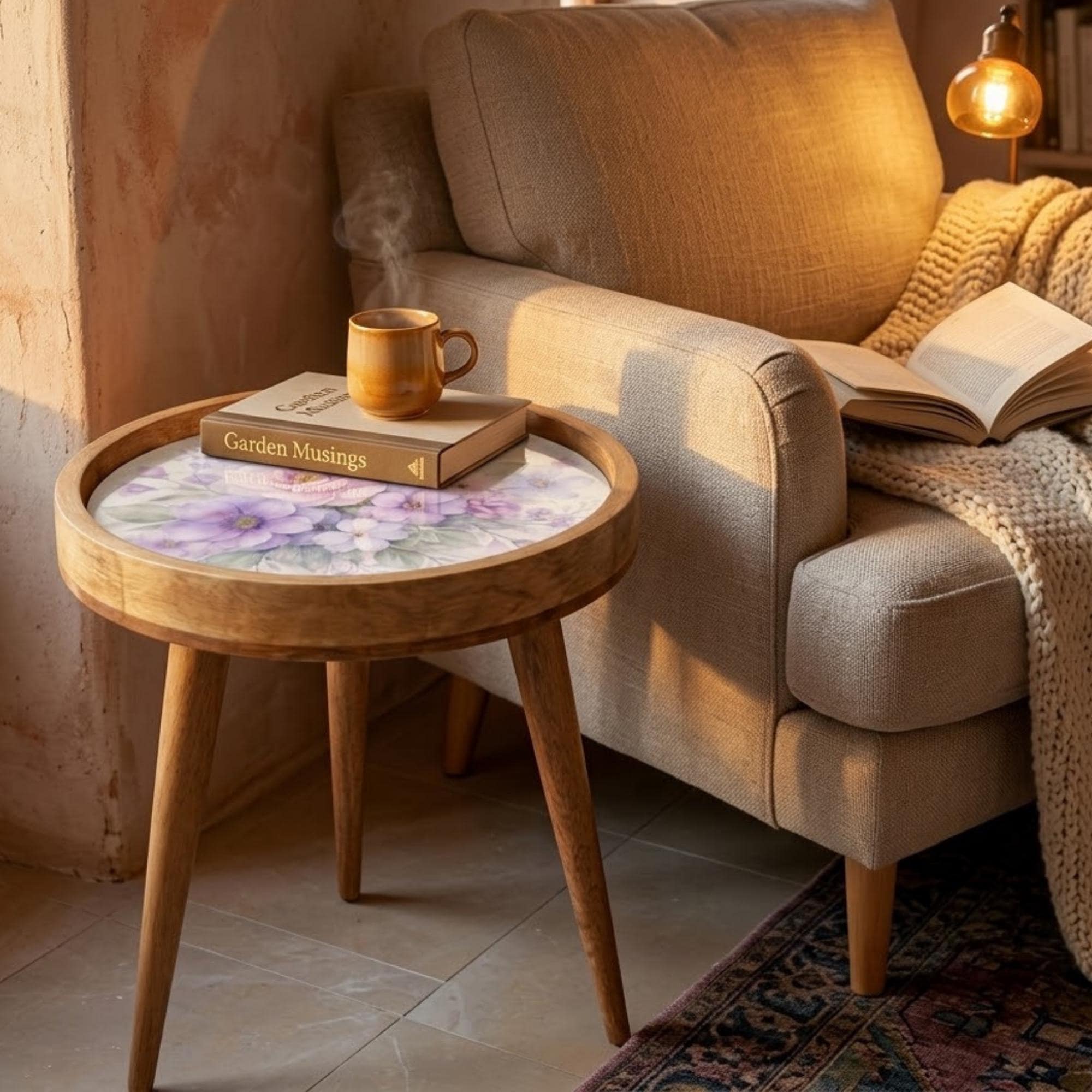 Handmade Floral Mango Wood Side Stand | Printed Round End Table | Boho Bedside Decor