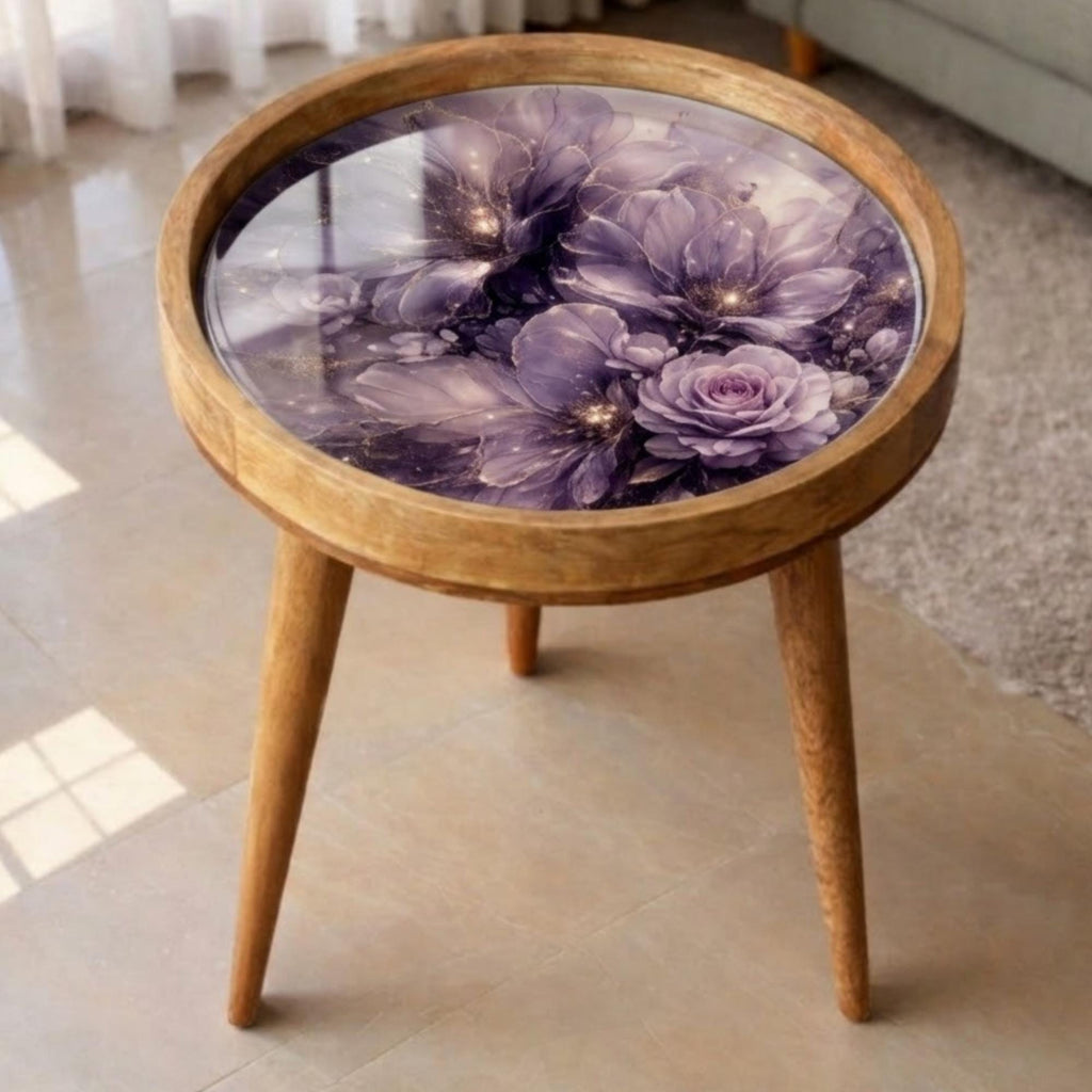 Handmade Mango Wood Side Table | Purple Rose Floral Art Top, Mid-Century Boho Home Decor