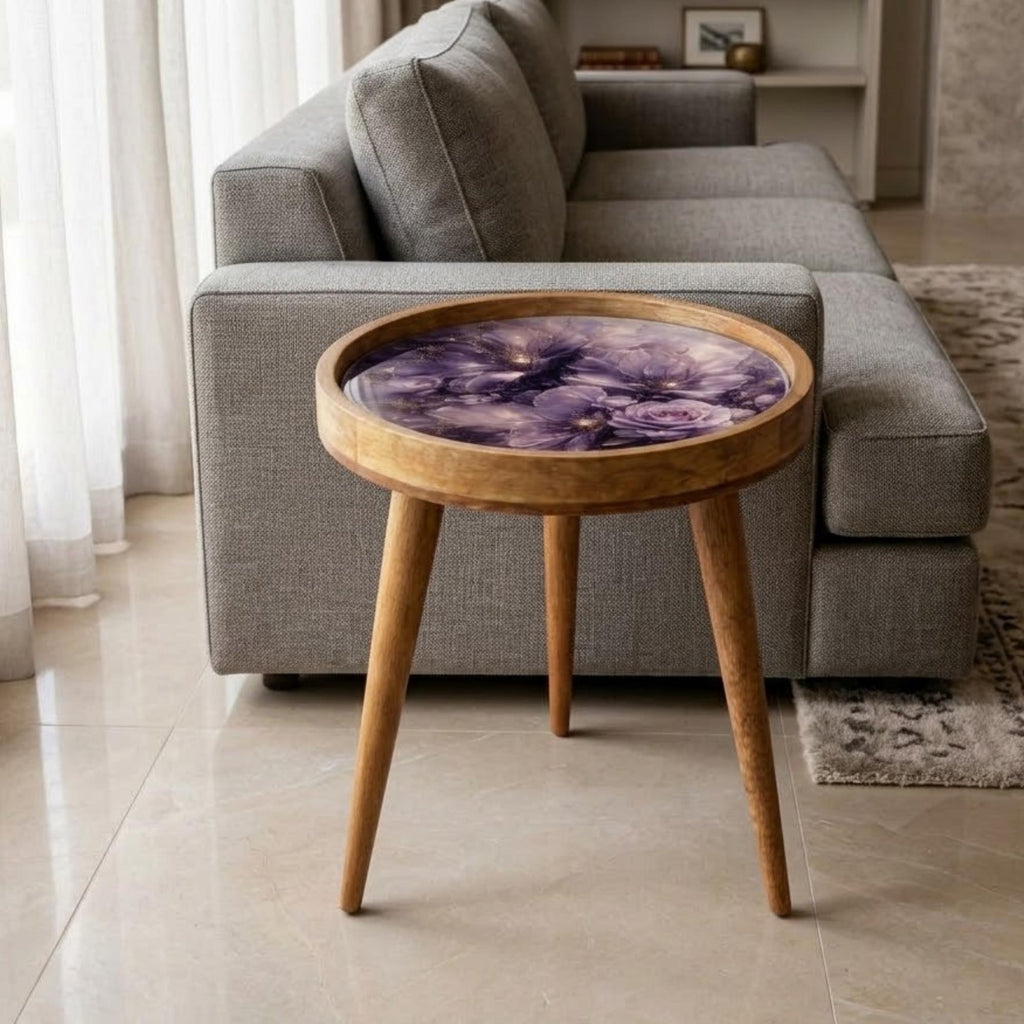 Handmade Mango Wood Side Table | Purple Rose Floral Art Top, Mid-Century Boho Home Decor