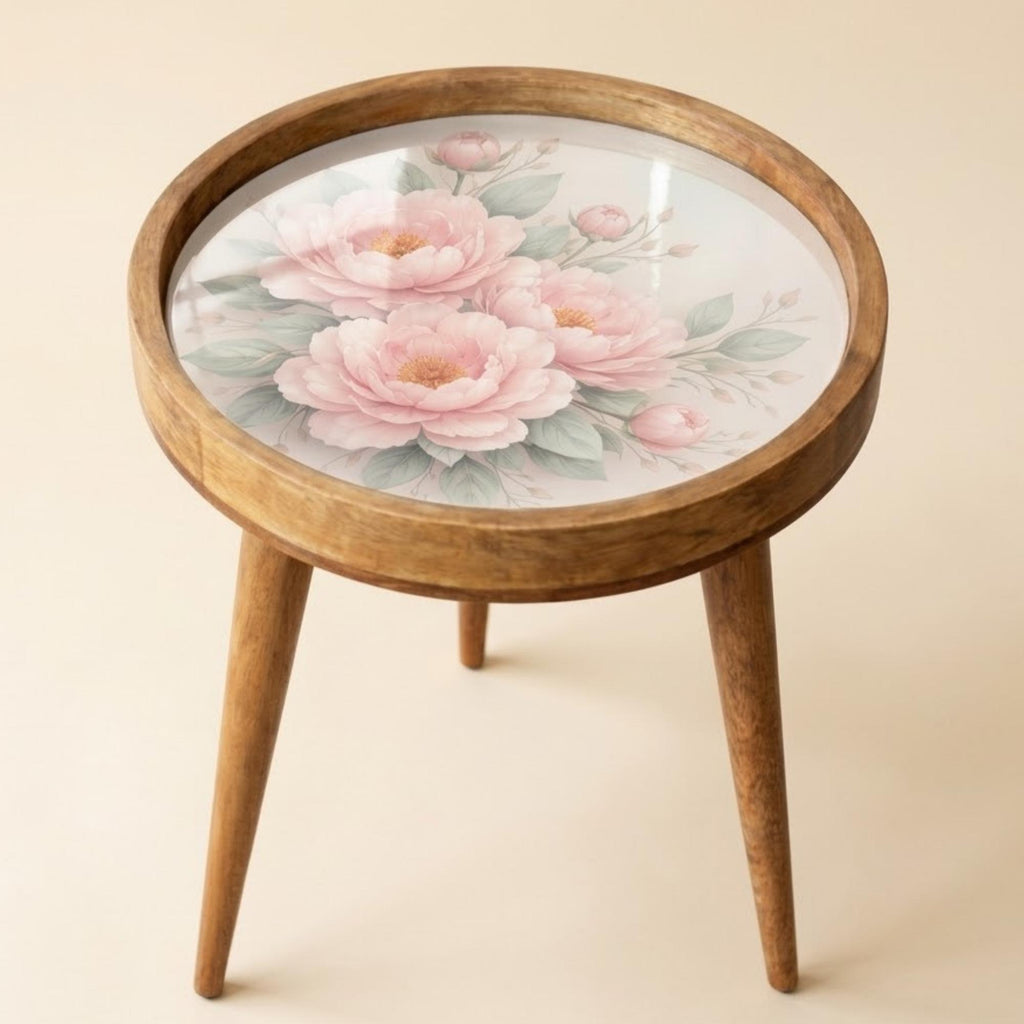 Mango Wood Floral Side Table | Pink Peony Glass Top Nightstand | Boho Bedroom Accent