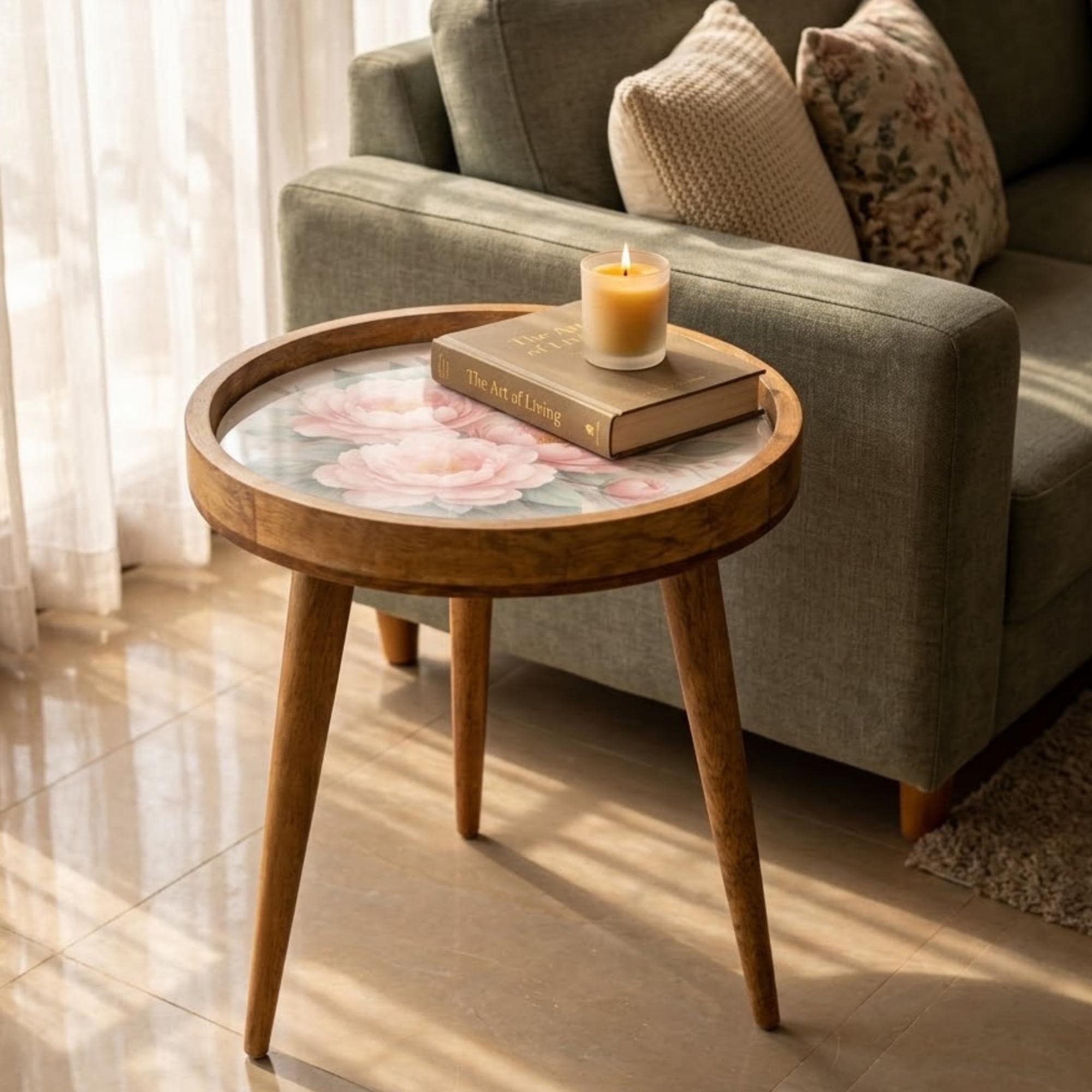 Mango Wood Floral Side Table | Pink Peony Glass Top Nightstand | Boho Bedroom Accent