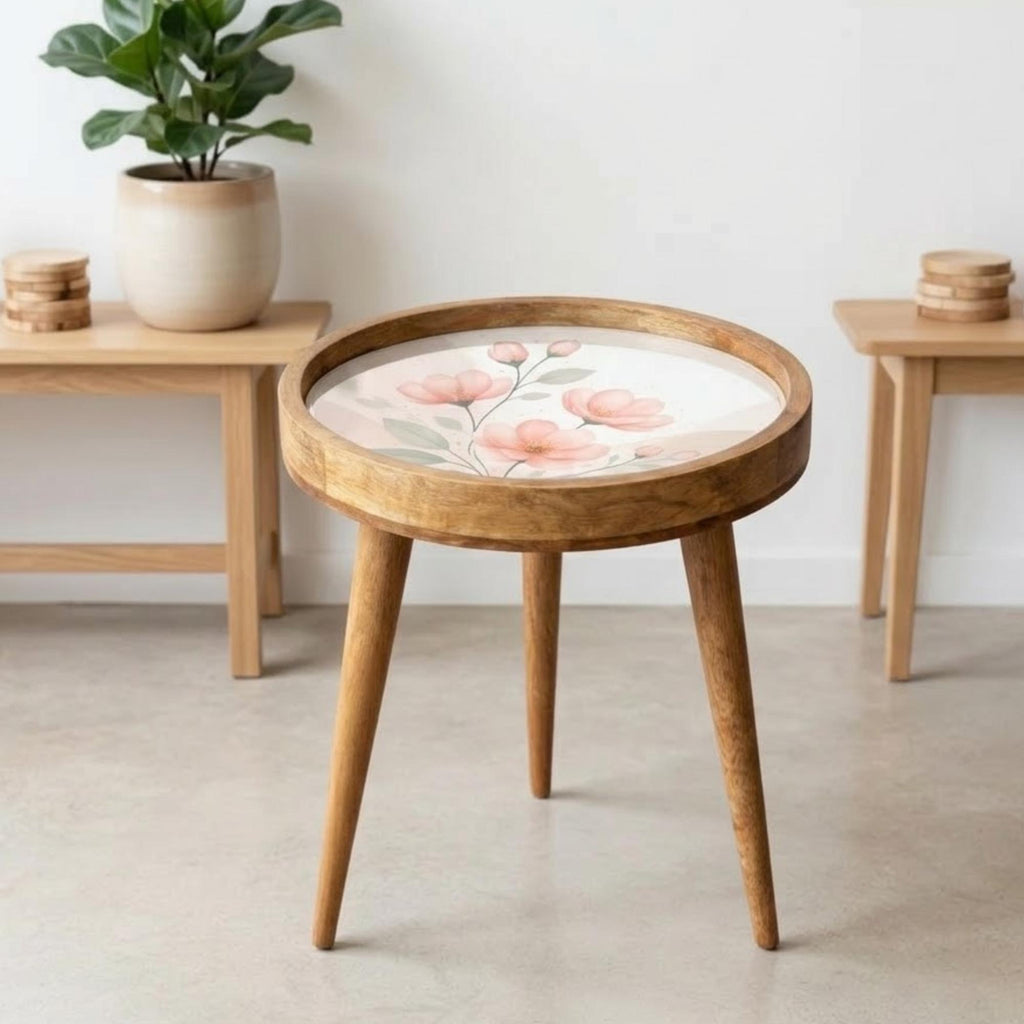 Mango Wood Side Table | Watercolor Pink Floral Print, Glass Top Nightstand | Boho Accent Table