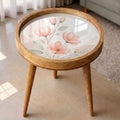 Mango Wood Side Table | Watercolor Pink Floral Print, Glass Top Nightstand | Boho Accent Table