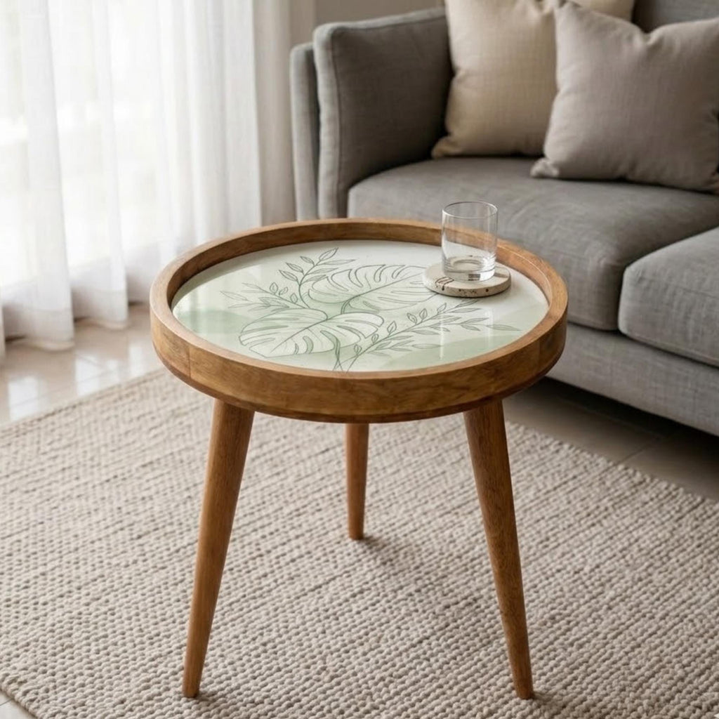 Mango Wood Side Table | Monstera Leaf Print, Glass Top Nightstand | Boho Tropical Accent