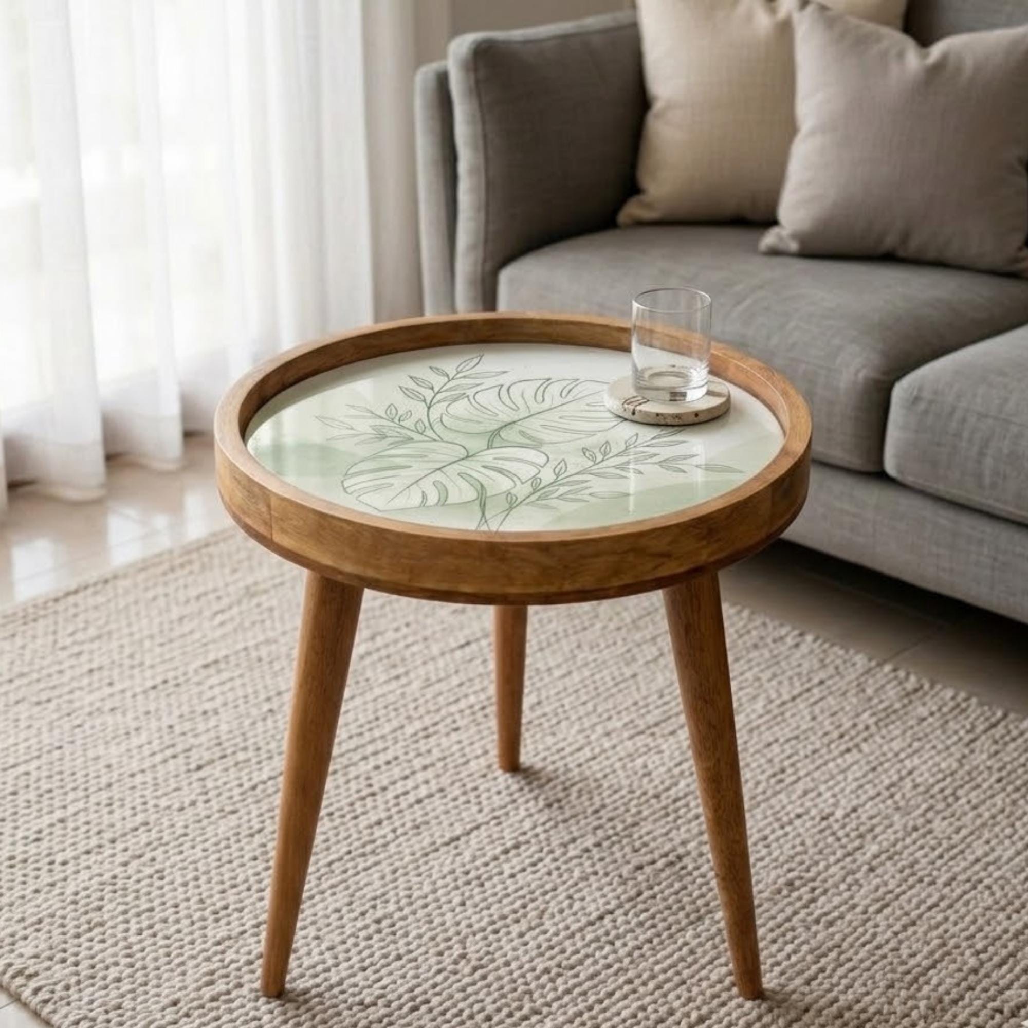 Mango Wood Side Table | Monstera Leaf Print, Glass Top Nightstand | Boho Tropical Accent