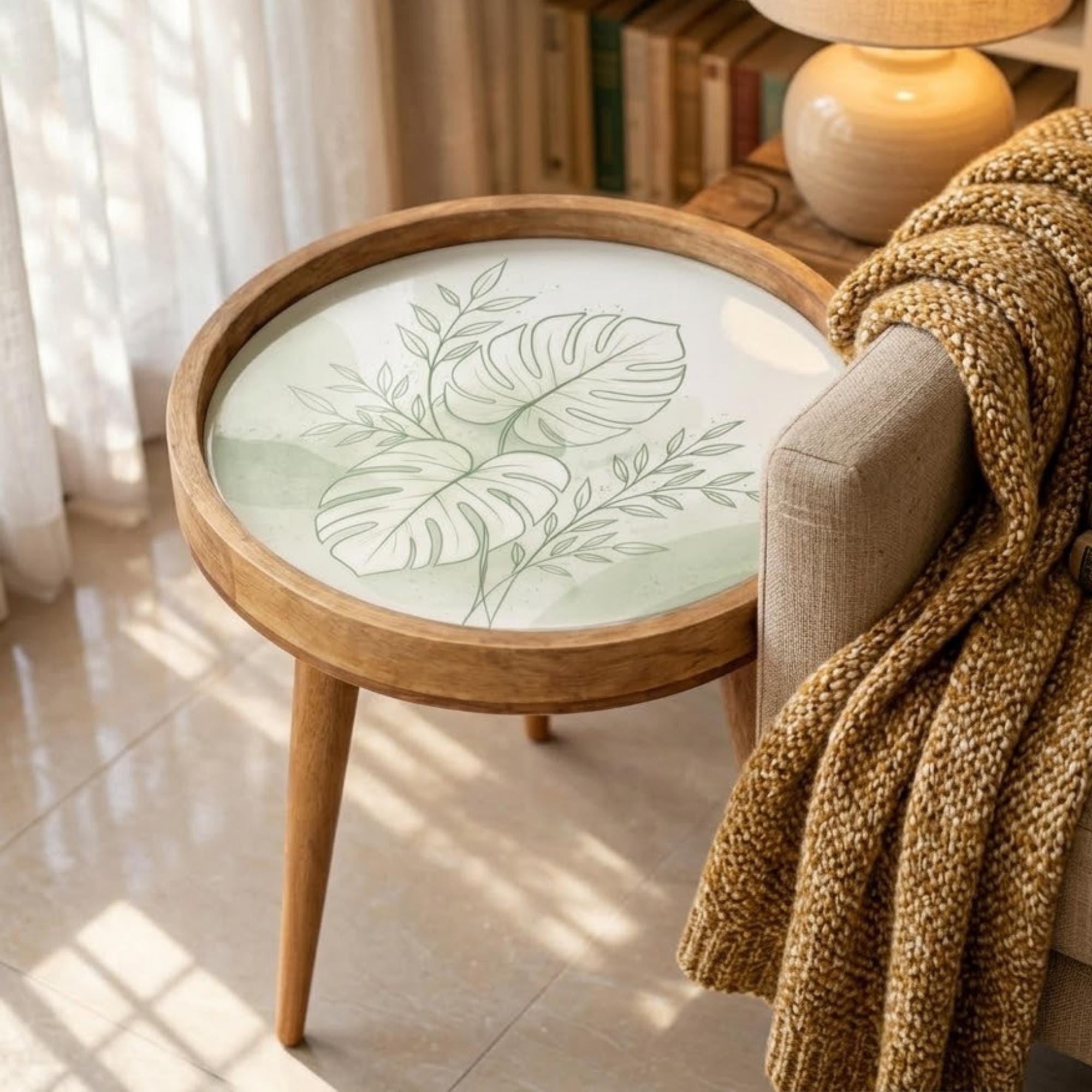 Mango Wood Side Table | Monstera Leaf Print, Glass Top Nightstand | Boho Tropical Accent