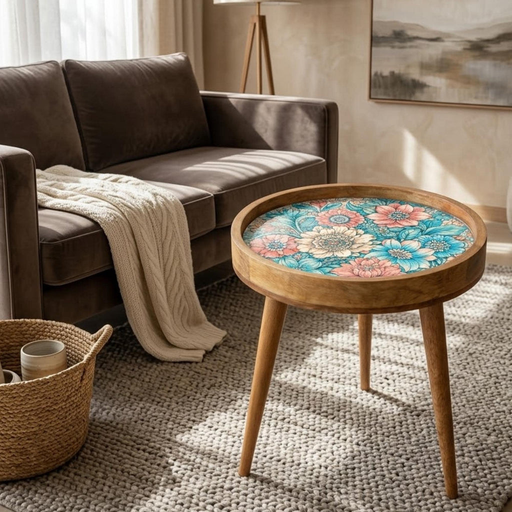 Mango Wood Side Table | Boho Floral Nightstand | Teal Pink Vintage (15" Diameter, 18" Height)