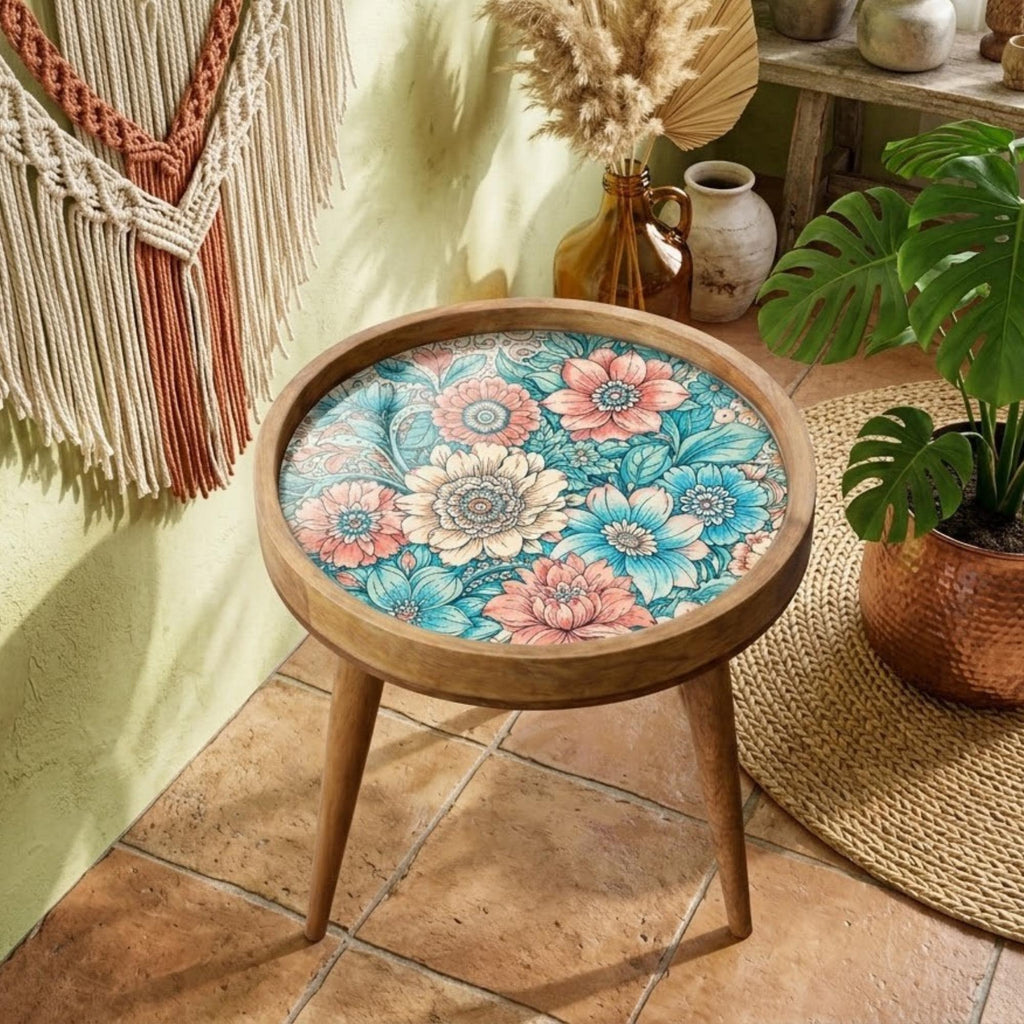 Mango Wood Side Table | Boho Floral Nightstand | Teal Pink Vintage (15" Diameter, 18" Height)