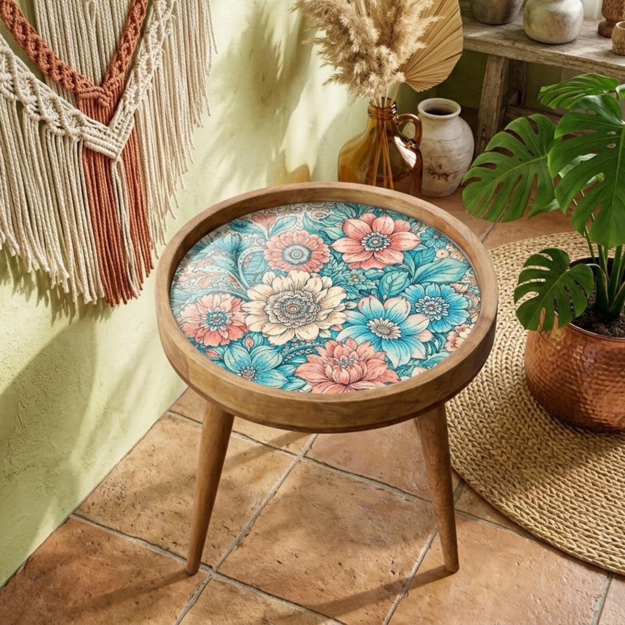 Mango Wood Side Table | Boho Floral Nightstand | Teal Pink Vintage (15" Diameter, 18" Height)