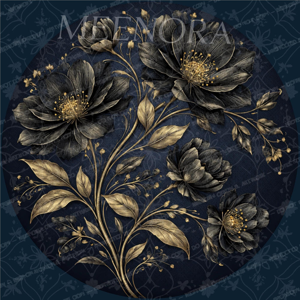 Mango Wood Side Table | Navy Gold Floral Print, Handmade Nightstand, Botanical Accent Table