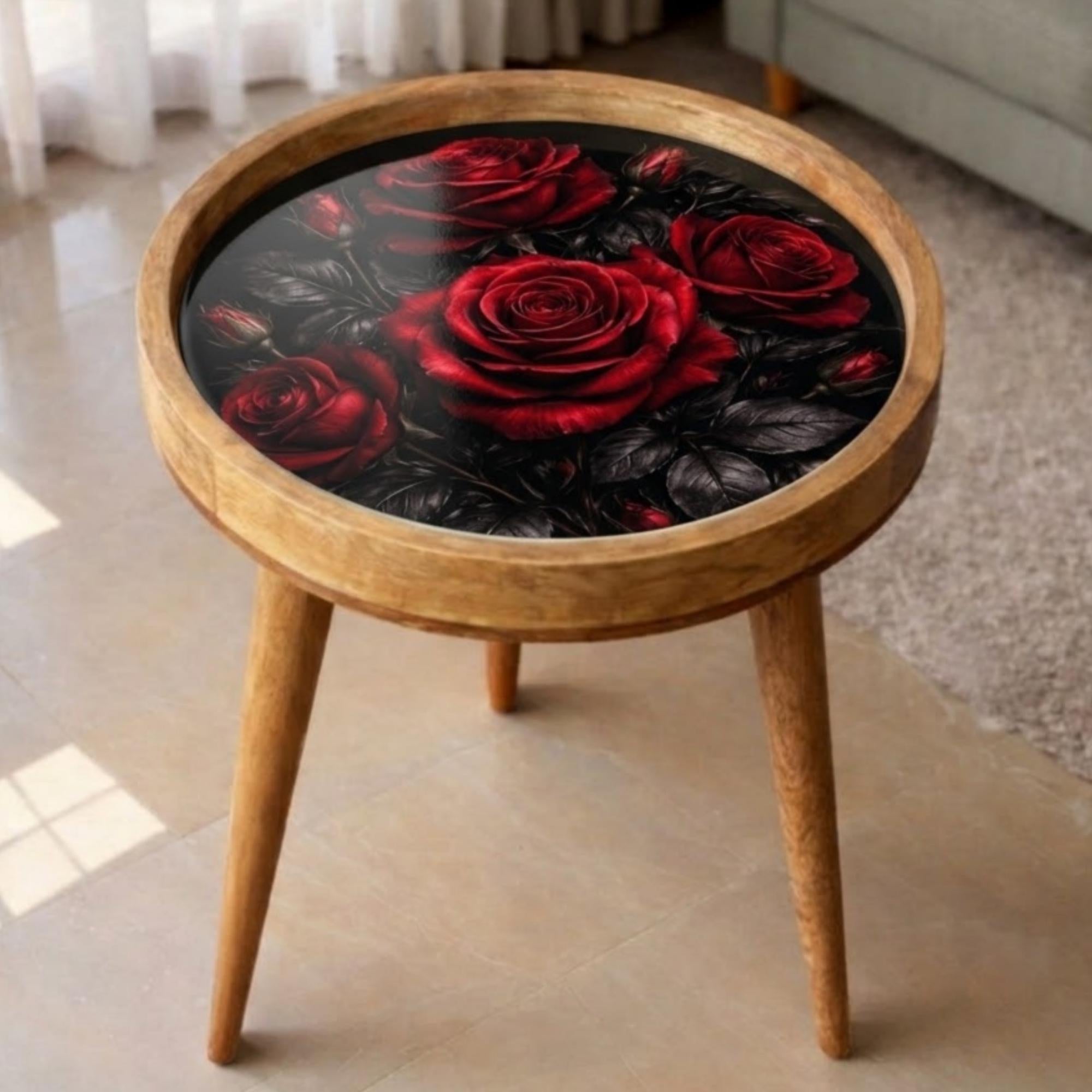 Printed Mango Wood Side Table | Dark Floral Red Rose Round End Table