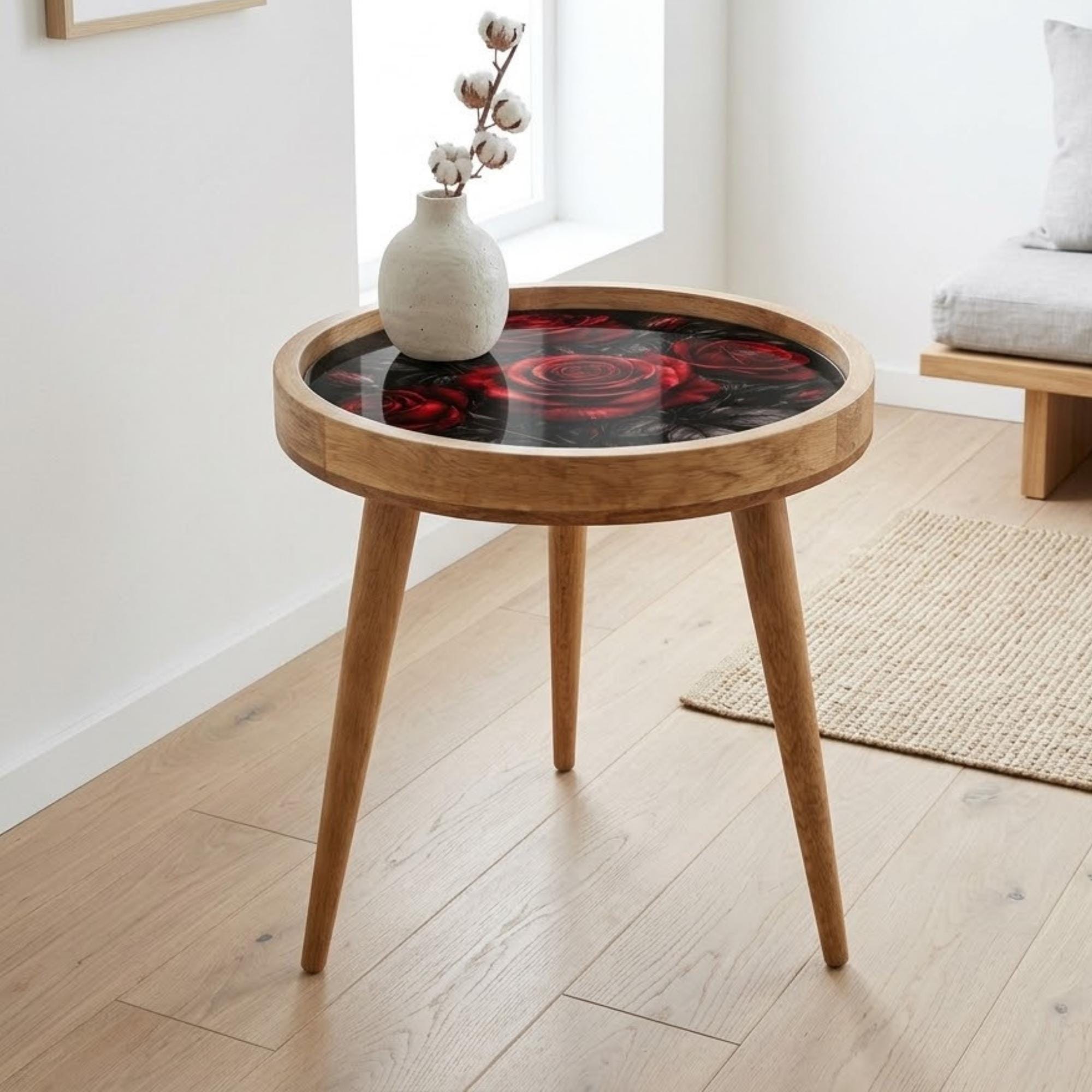 Printed Mango Wood Side Table | Dark Floral Red Rose Round End Table