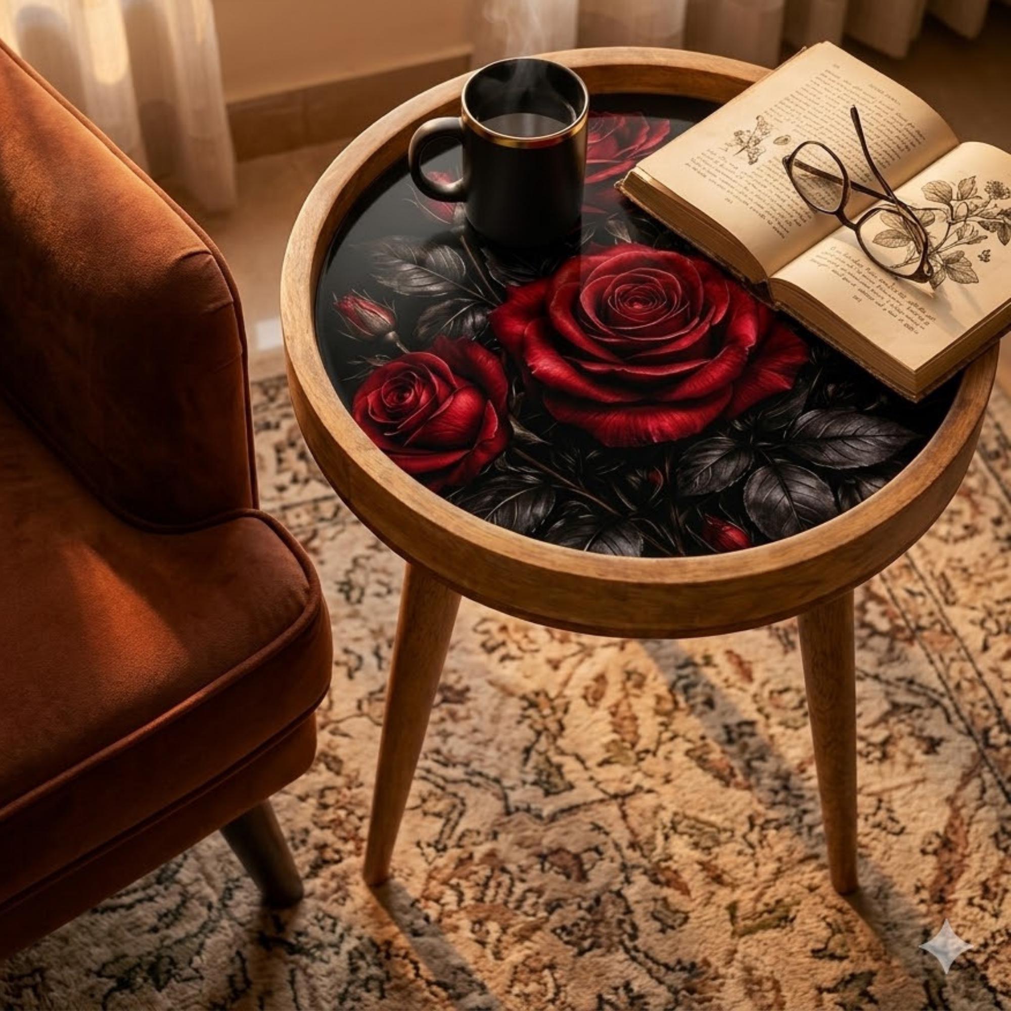Printed Mango Wood Side Table | Dark Floral Red Rose Round End Table