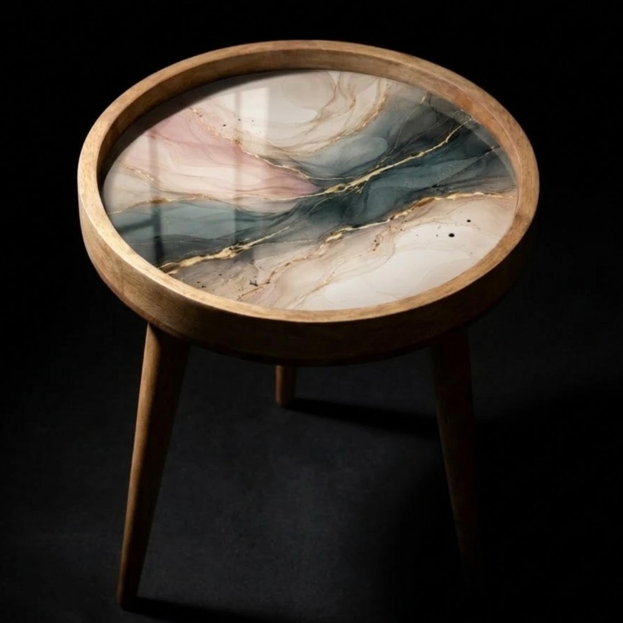Mango Wood Side Table | Blush Pink Gold Marble Art Nightstand | Modern Luxe Accent Table