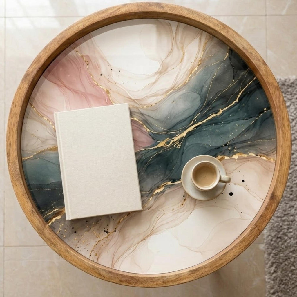 Mango Wood Side Table | Blush Pink Gold Marble Art Nightstand | Modern Luxe Accent Table