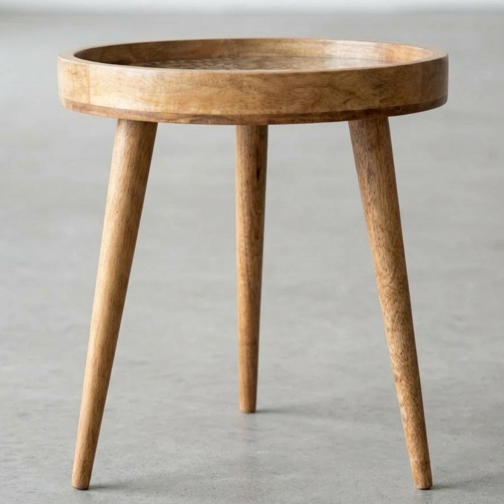 Mango Wood Round Side Table | Holographic Floral Print, Glass Top Nightstand