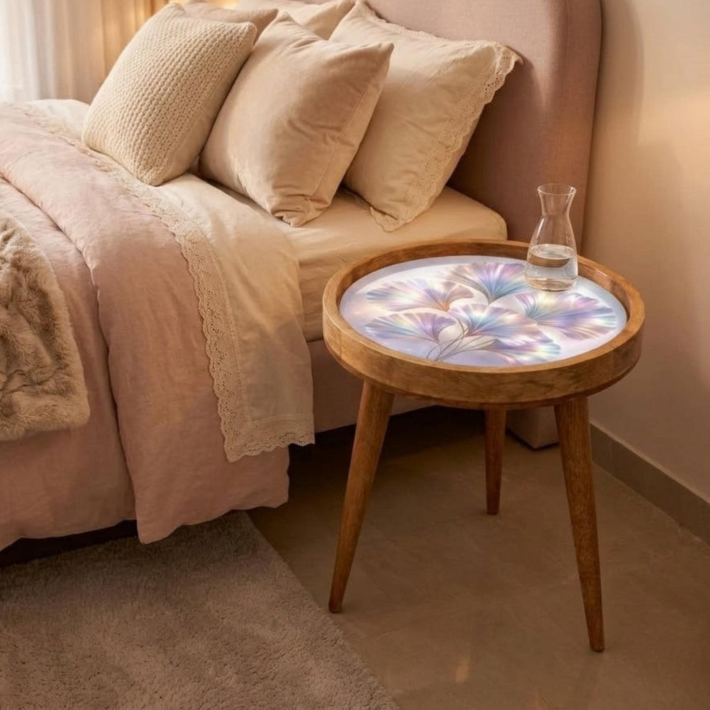 Mango Wood Round Side Table | Holographic Floral Print, Glass Top Nightstand