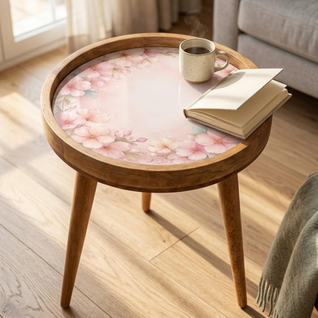 Printed Mango Wood Side Table | Cherry Blossom Round Nightstand | Handmade Sakura Accent Table