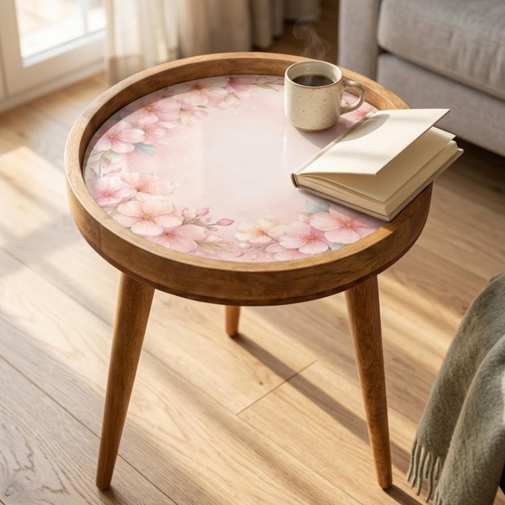 Printed Mango Wood Side Table | Cherry Blossom Round Nightstand | Handmade Sakura Accent Table