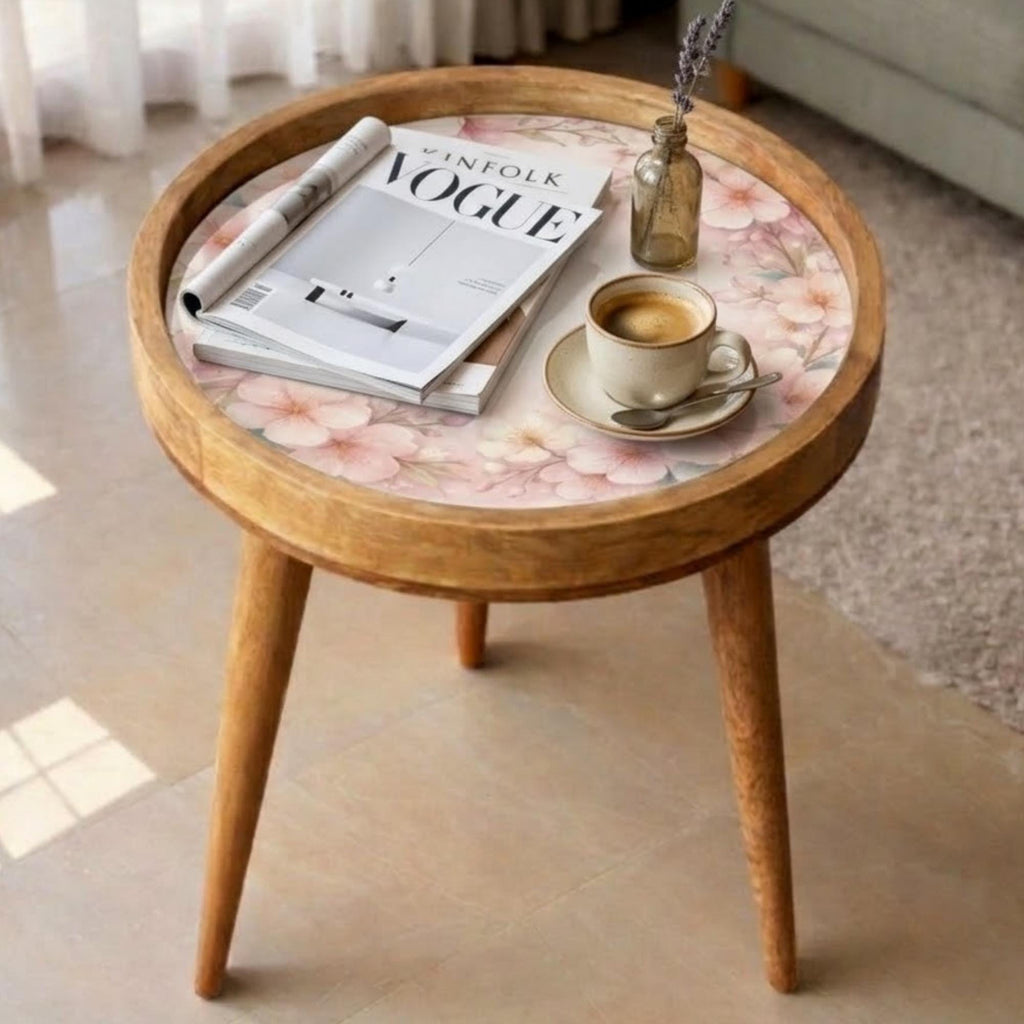 Printed Mango Wood Side Table | Cherry Blossom Round Nightstand | Handmade Sakura Accent Table