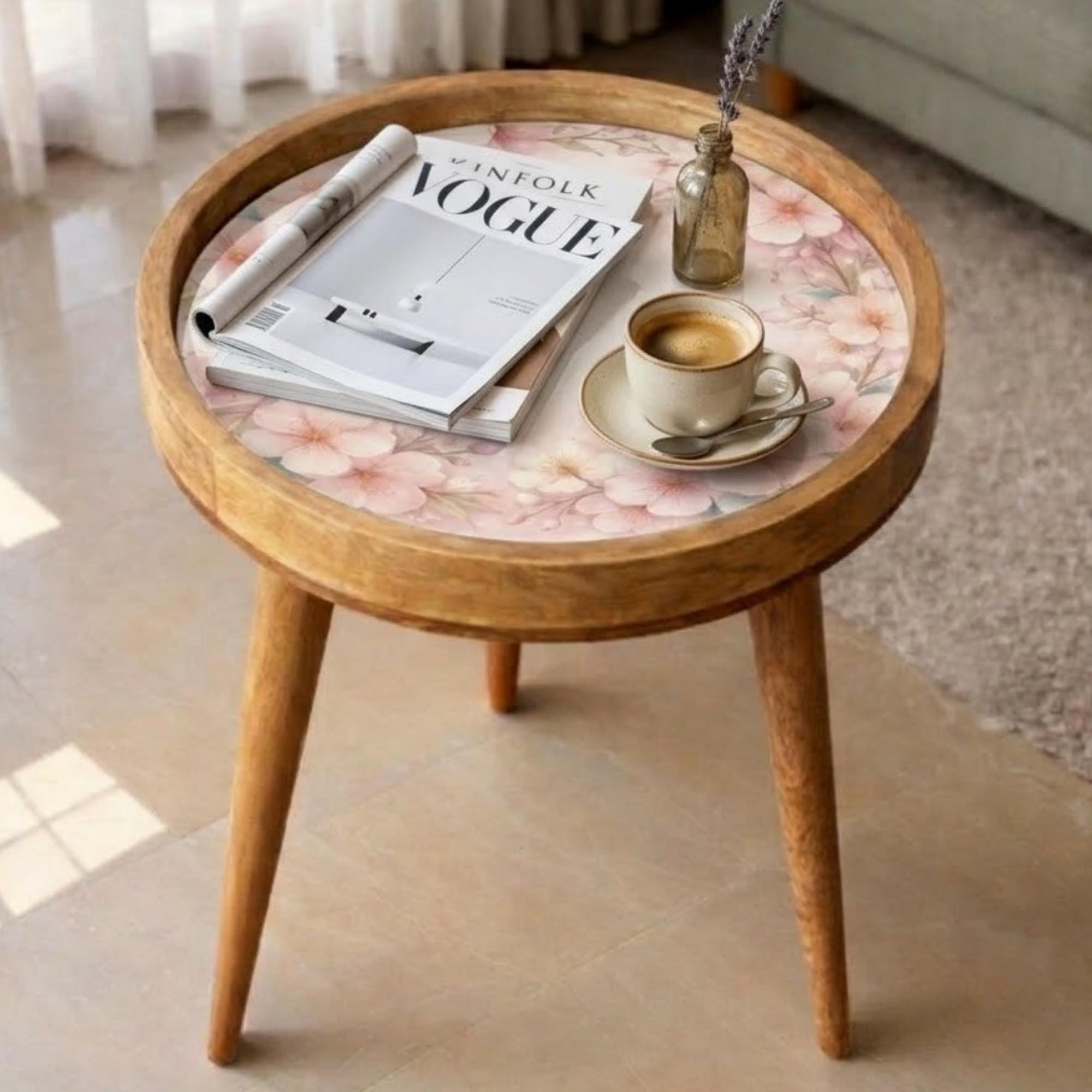 Printed Mango Wood Side Table | Cherry Blossom Round Nightstand | Handmade Sakura Accent Table