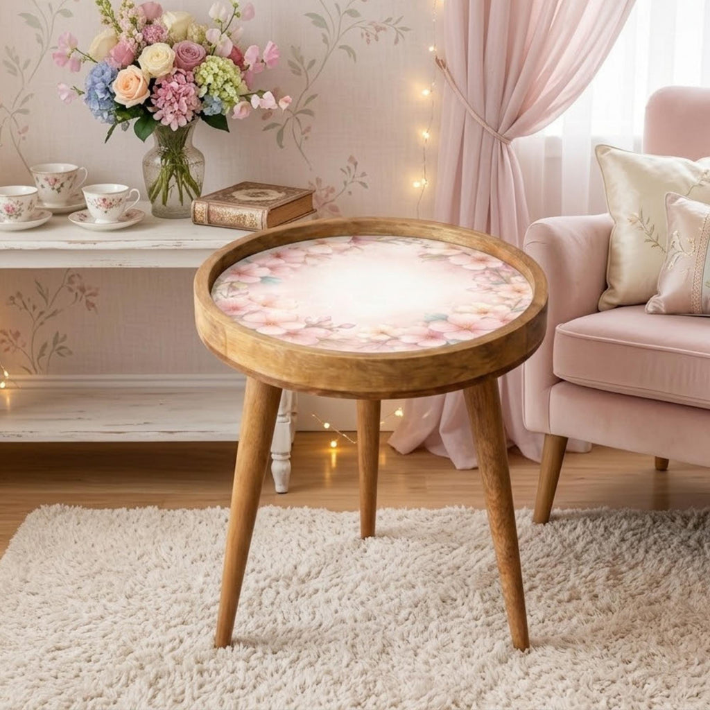 Printed Mango Wood Side Table | Cherry Blossom Round Nightstand | Handmade Sakura Accent Table