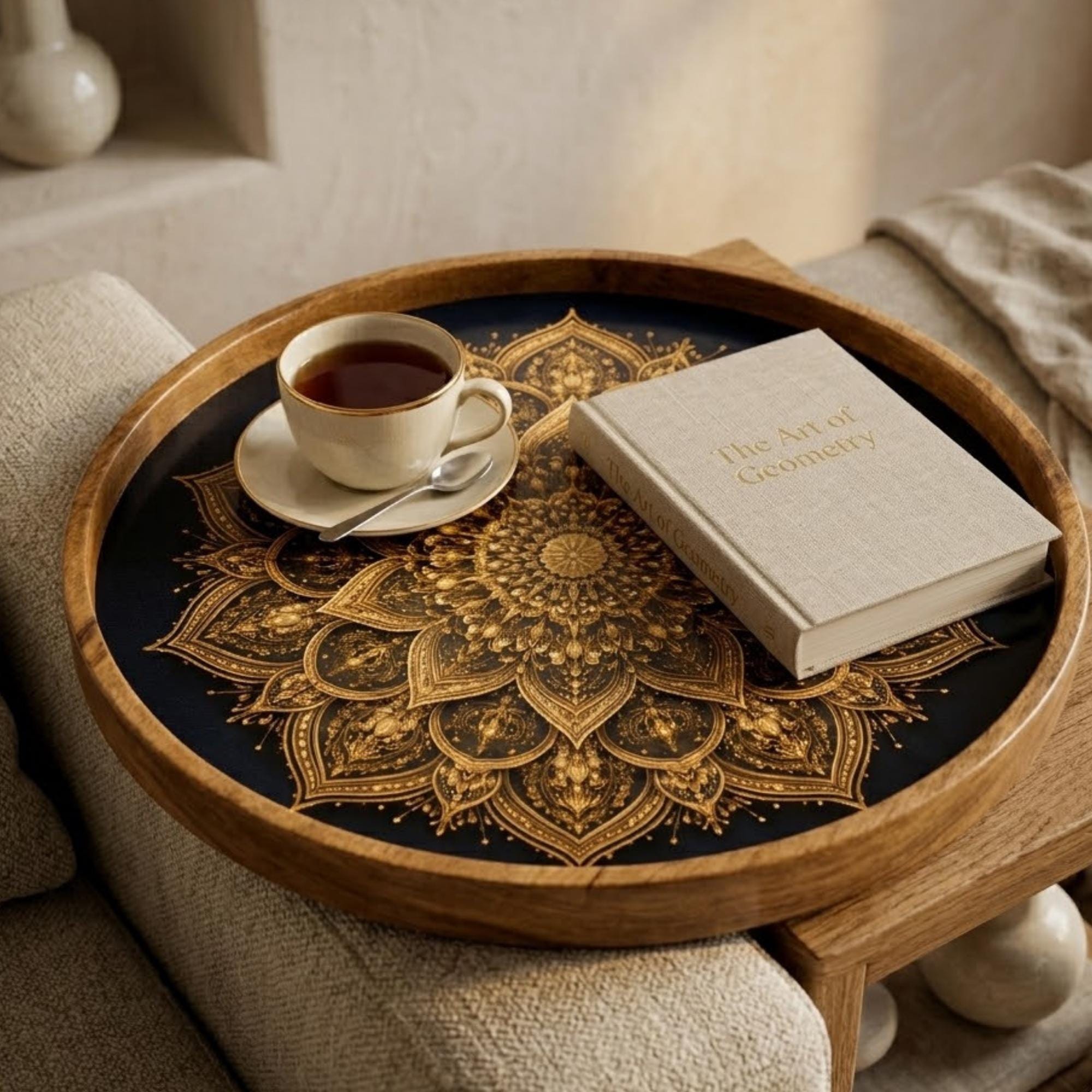Mandala Wooden Serving Tray | Round Mango Wood, Boho Home Decor