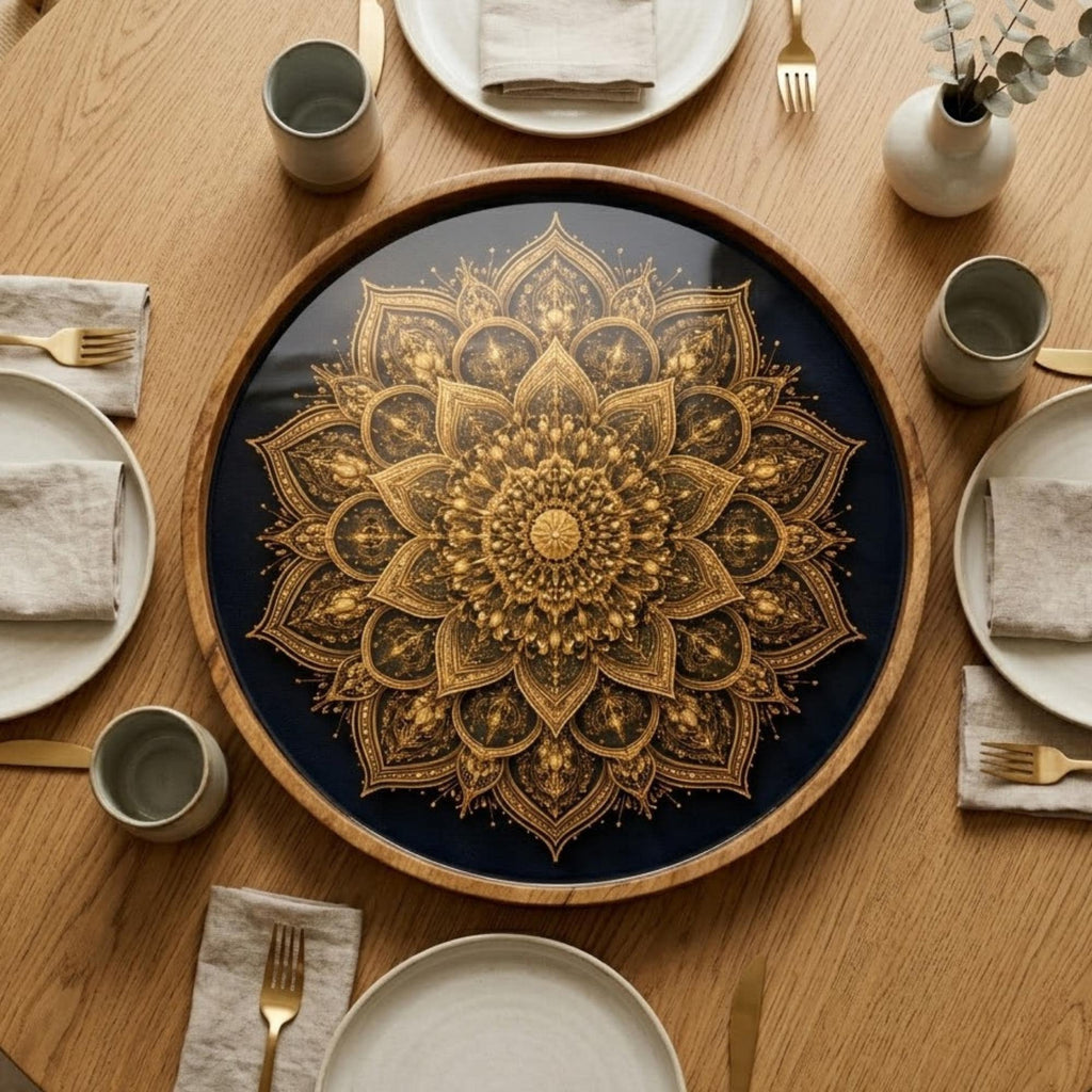 Mandala Wooden Serving Tray | Round Mango Wood, Boho Home Decor