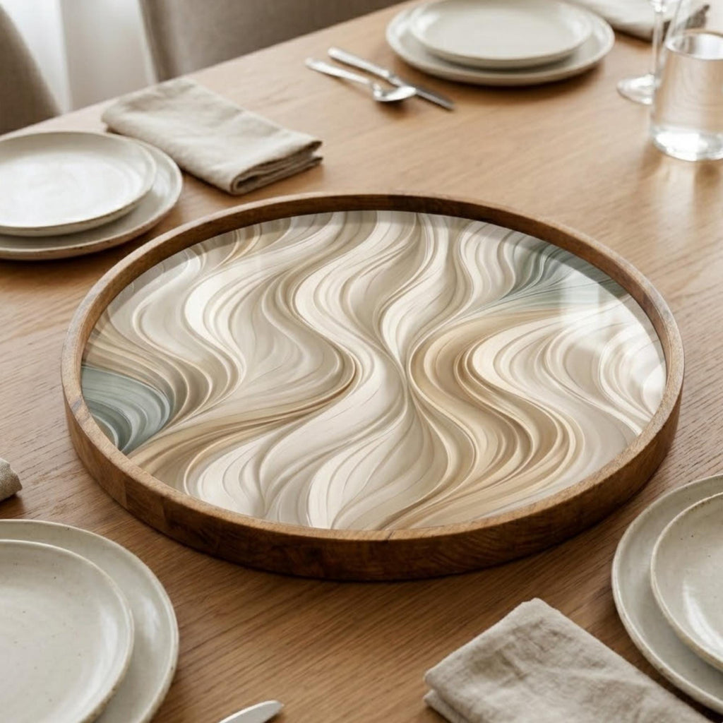 Abstract Wave Wooden Printed Platter | Round Mango Wood Tea Coffee Serving | Neutral Style