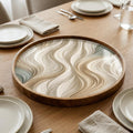 Abstract Wave Wooden Printed Platter | Round Mango Wood Tea Coffee Serving | Neutral Style
