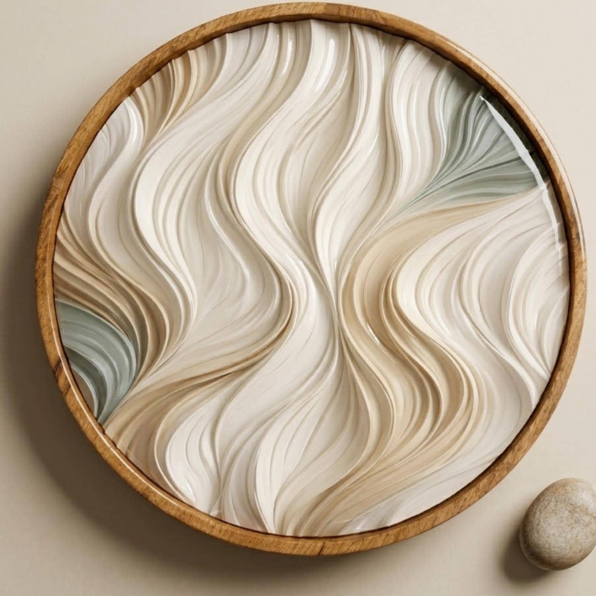 Abstract Wave Wooden Printed Platter | Round Mango Wood Tea Coffee Serving | Neutral Style