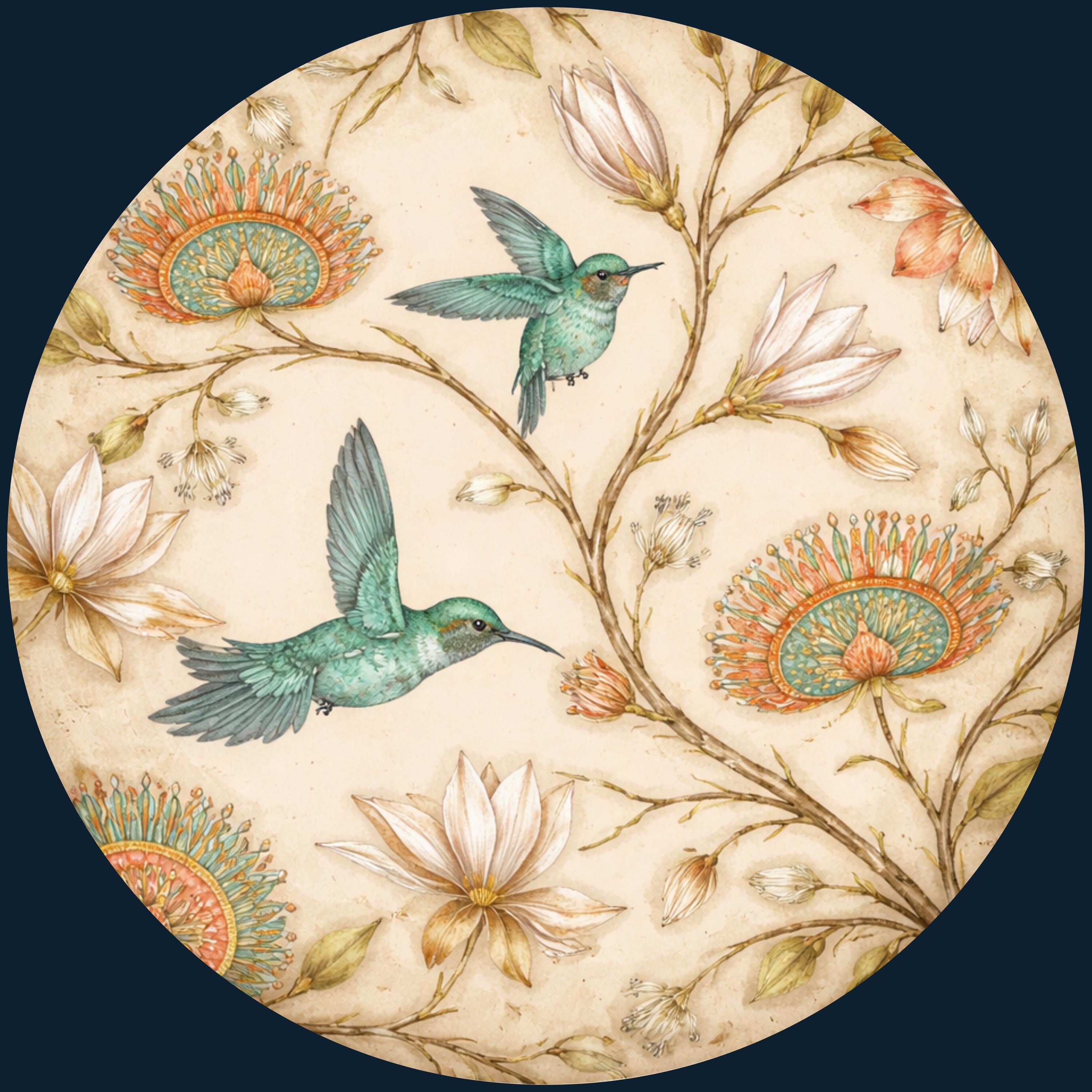 Hummingbird Wooden Tray Printed | Floral Mango Wood Round Tea Serving Decor Gift