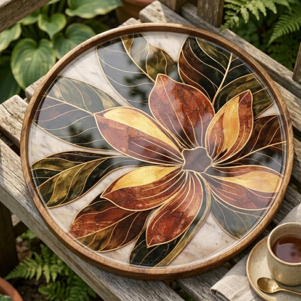 Floral Wooden Tray Printed | Mango Wood Round Serving Tea DecorTGJFYKFUIKUYFGHFH