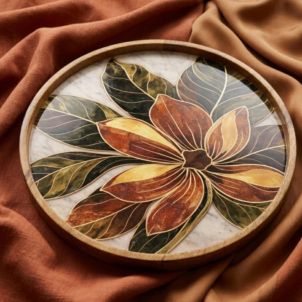 Floral Wooden Tray Printed | Mango Wood Round Serving Tea DecorTGJFYKFUIKUYFGHFH
