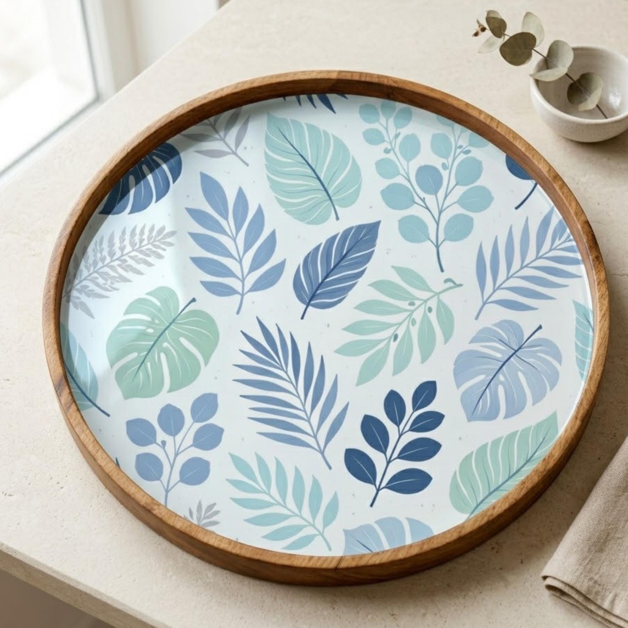 Blue Leaf Wooden Tray Printed | Mango Wood Round Tea Serving Decor
