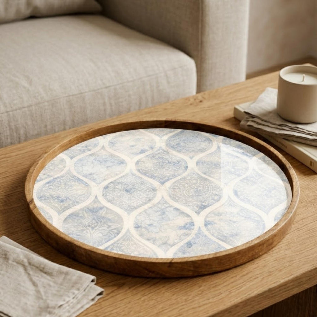 Blue Pattern Wooden Tray Printed | Mango Wood Round Tea Serving Decor
