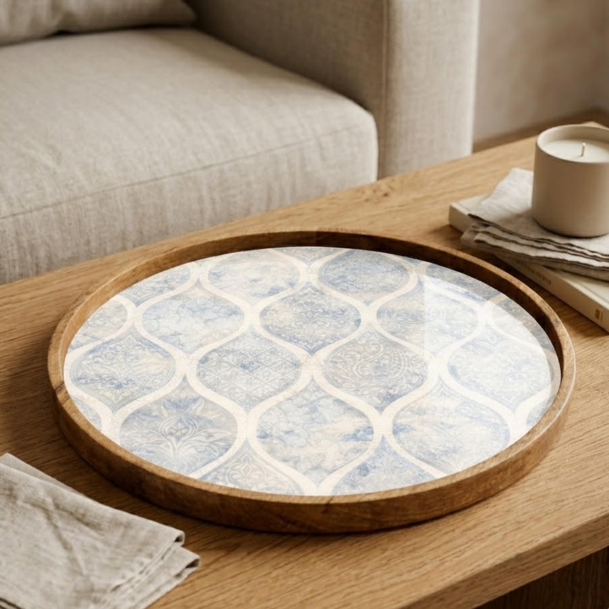 Blue Pattern Wooden Tray Printed | Mango Wood Round Tea Serving Decor