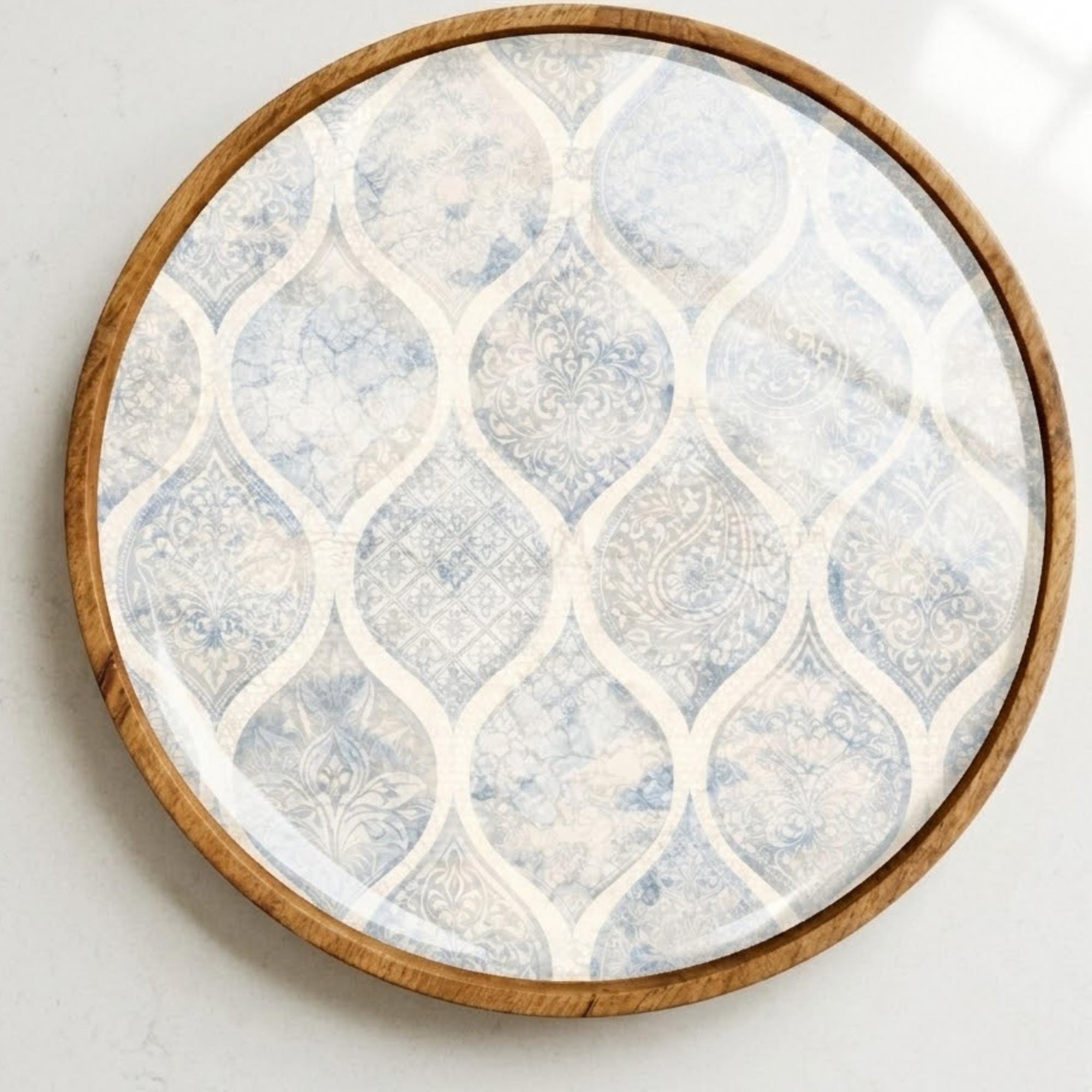 Blue Pattern Wooden Tray Printed | Mango Wood Round Tea Serving Decor