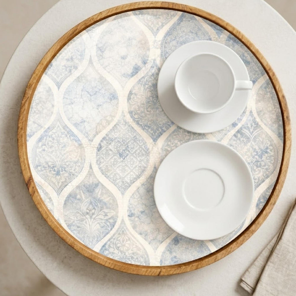 Blue Pattern Wooden Tray Printed | Mango Wood Round Tea Serving Decor
