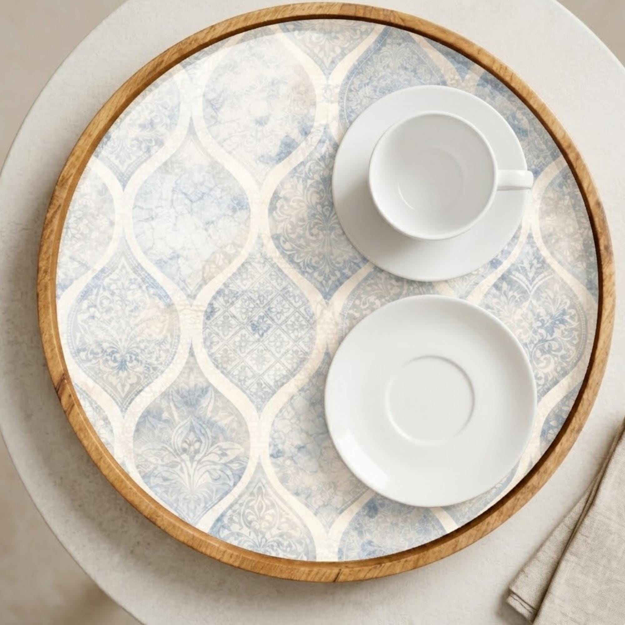 Blue Pattern Wooden Tray Printed | Mango Wood Round Tea Serving Decor