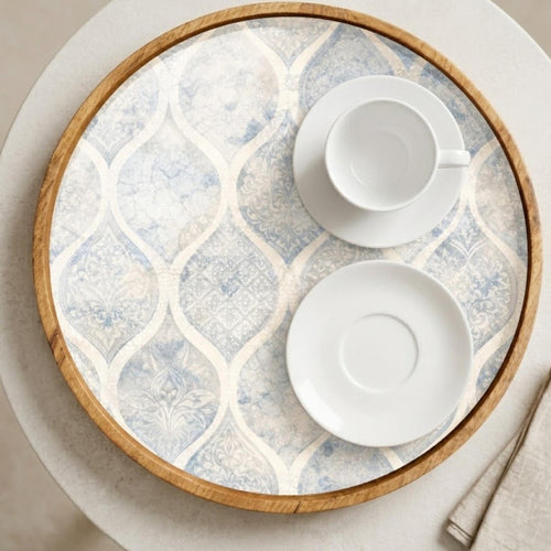 Blue Pattern Wooden Tray Printed | Mango Wood Round Tea Serving Decor