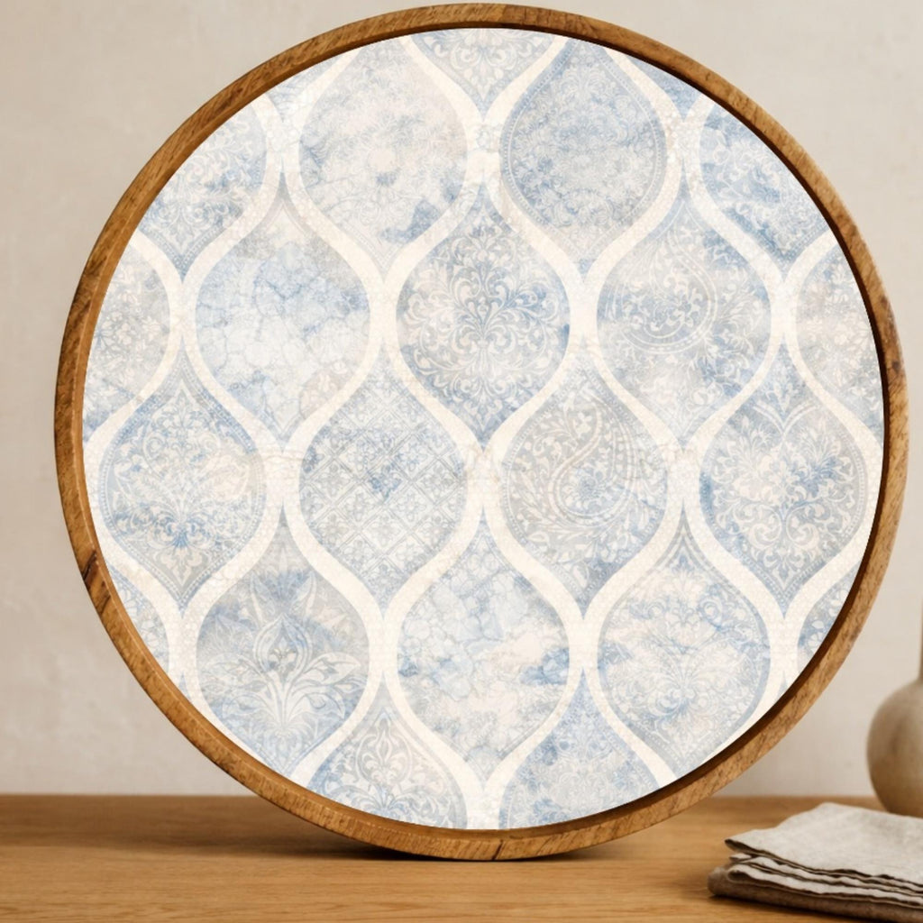 Blue Pattern Wooden Tray Printed | Mango Wood Round Tea Serving Decor