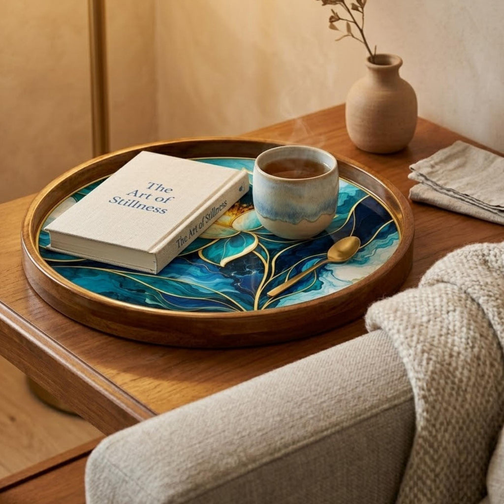 Blue Lotus Mango Wood Serving Tray | Boho Floral Coffee Tea Platter