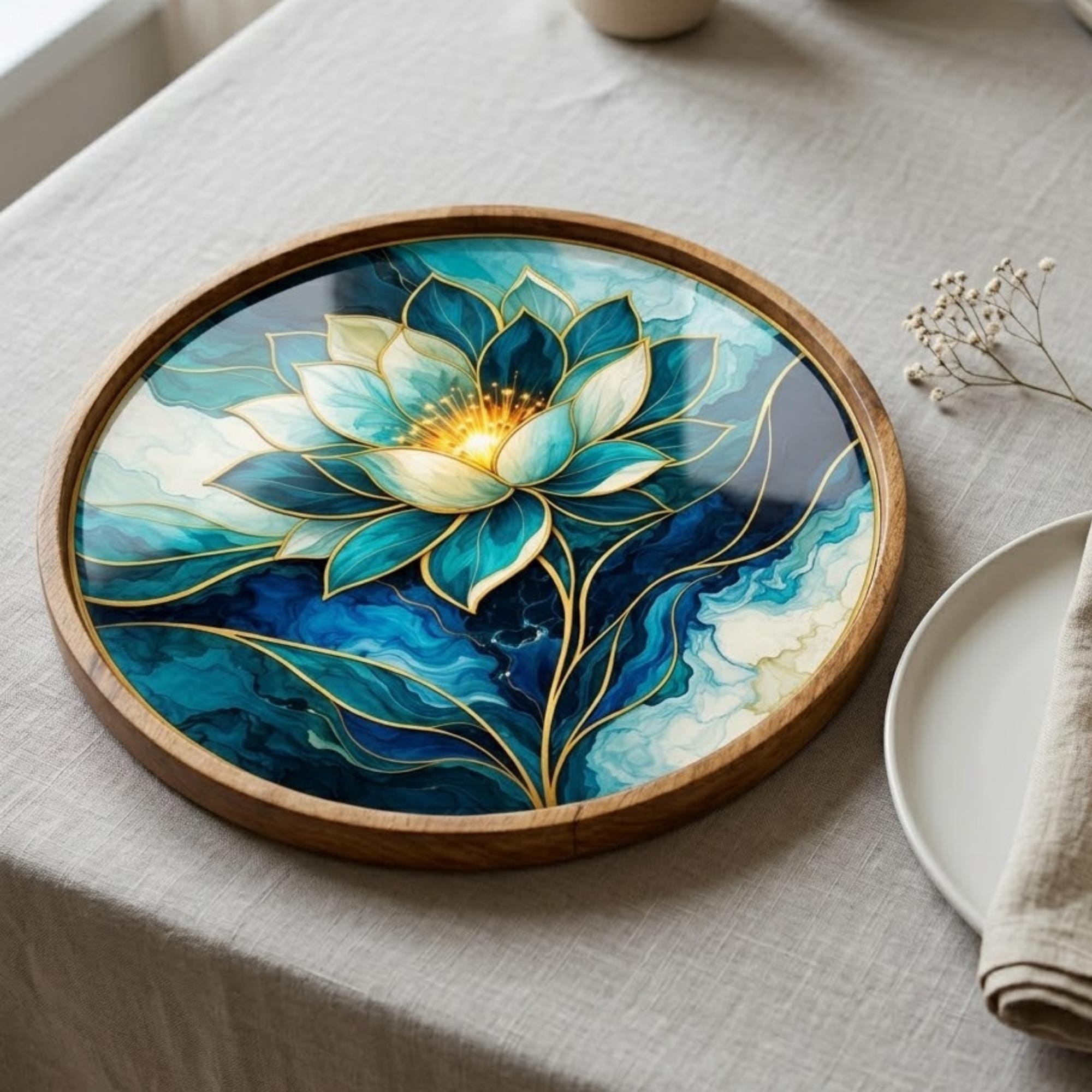 Blue Lotus Mango Wood Serving Tray | Boho Floral Coffee Tea Platter