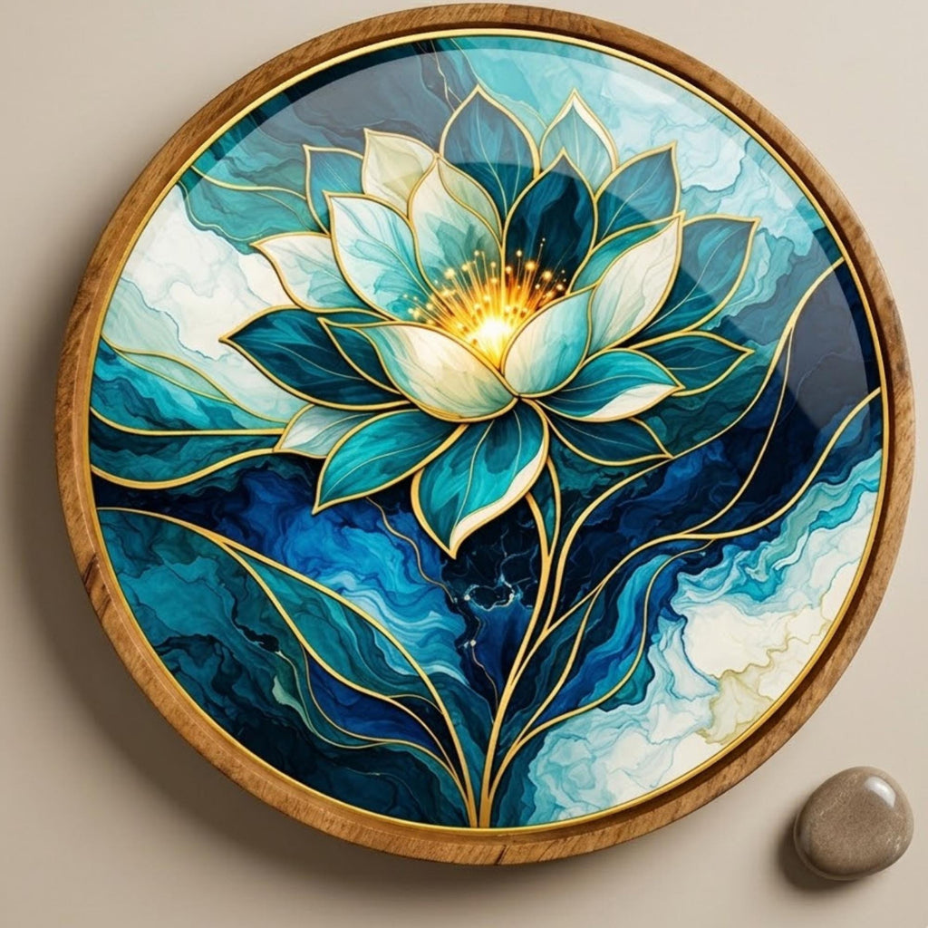 Blue Lotus Mango Wood Serving Tray | Boho Floral Coffee Tea Platter