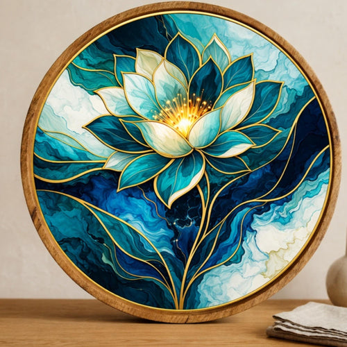 Blue Lotus Mango Wood Serving Tray | Boho Floral Coffee Tea Platter