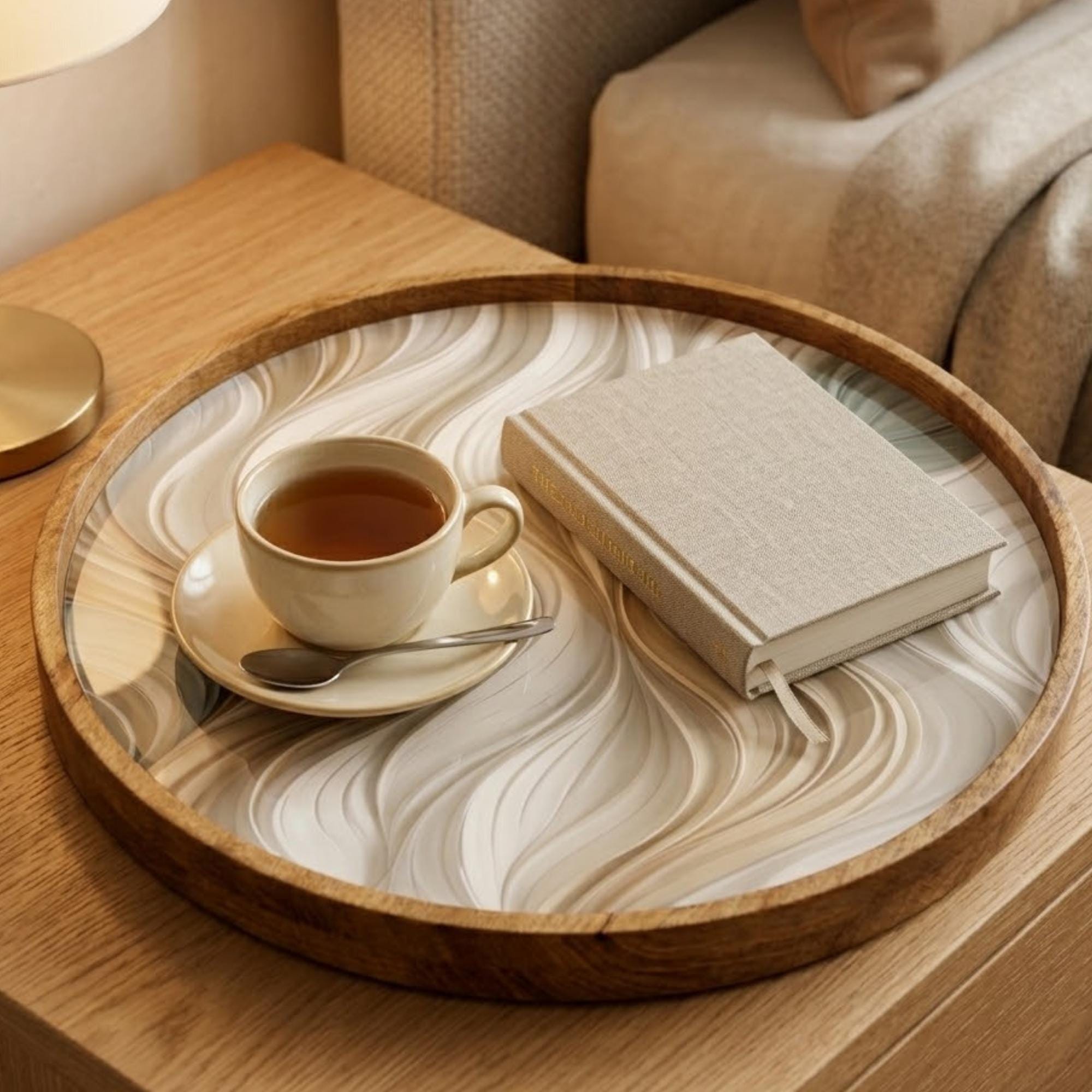 Abstract Wave Wooden Printed Platter | Round Mango Wood Tea Coffee Serving | Neutral Style