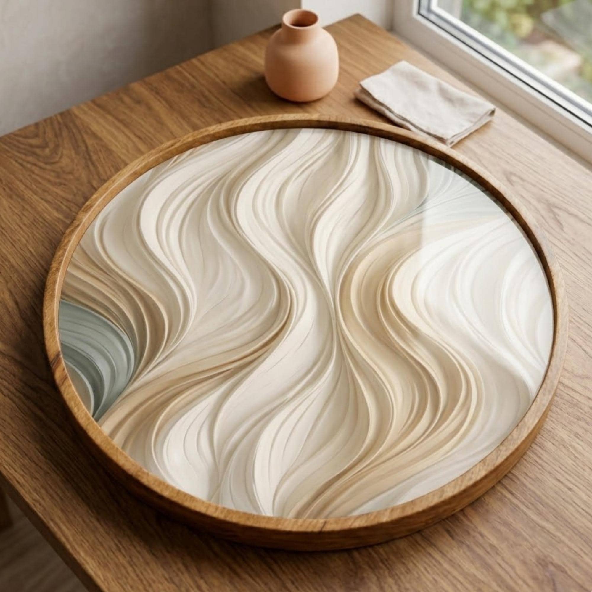 Abstract Wave Wooden Printed Platter | Round Mango Wood Tea Coffee Serving | Neutral Style